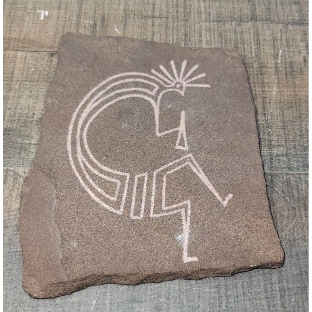 Kokopelli Native Style Sandstone Art Tile Signed Etched Stone Decor USA Made